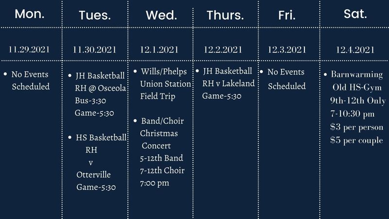 Weekly Schedule 11.29.2021 | Jr High/High School